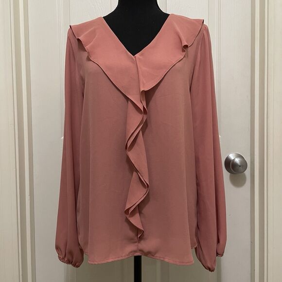 Adrienne Vittadini Ruffle Front V-Neck Blouse Shirt Mauve Pink Women's Medium - Picture 1 of 8